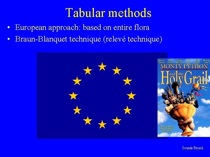 Tabular methods • European approach: based on entire flora • Braun-Blanquet technique (relevé technique)