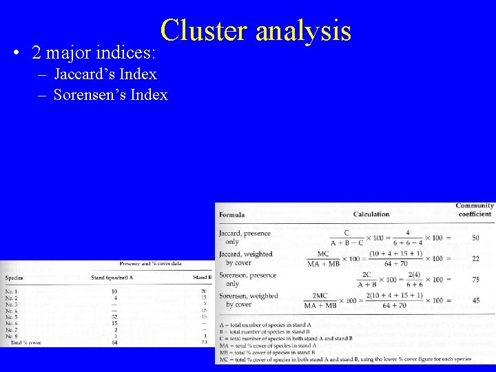  • 2 major indices: Cluster analysis – Jaccard’s Index – Sorensen’s Index 