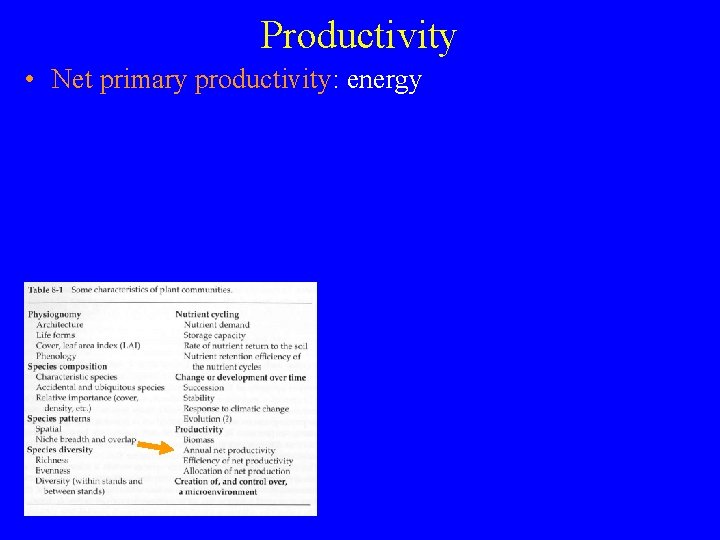 Productivity • Net primary productivity: energy 