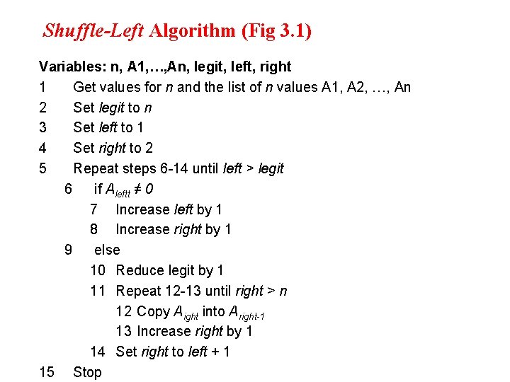 Shuffle-Left Algorithm (Fig 3. 1) Variables: n, A 1, …, An, legit, left, right