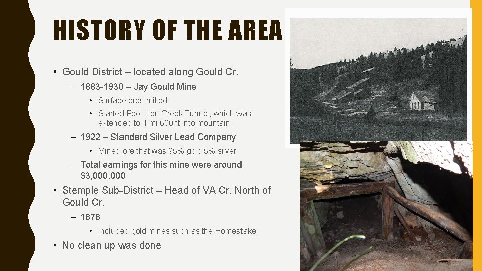 HISTORY OF THE AREA • Gould District – located along Gould Cr. – 1883