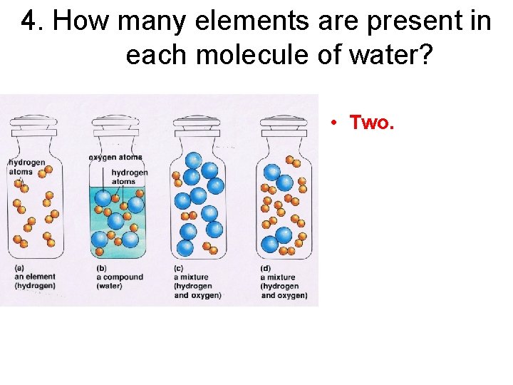 4. How many elements are present in each molecule of water? • Two. 