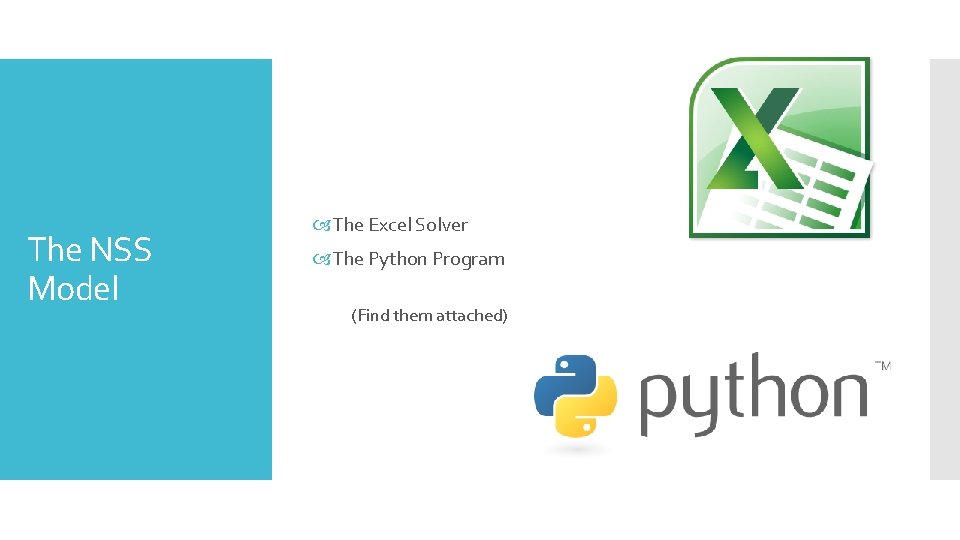 The NSS Model The Excel Solver The Python Program (Find them attached) 