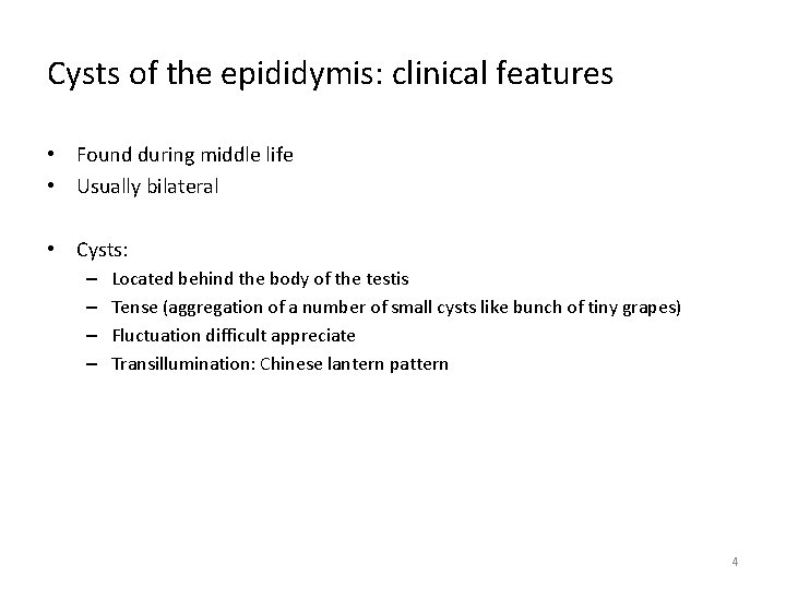 Cysts of the epididymis: clinical features • Found during middle life • Usually bilateral