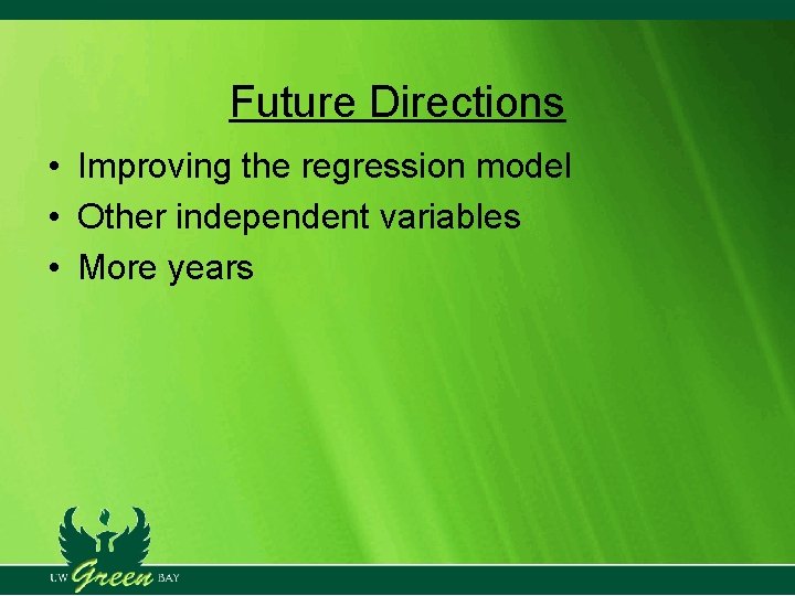 Future Directions • Improving the regression model • Other independent variables • More years Future Directions • Improving the regression model • Other independent variables • More years
