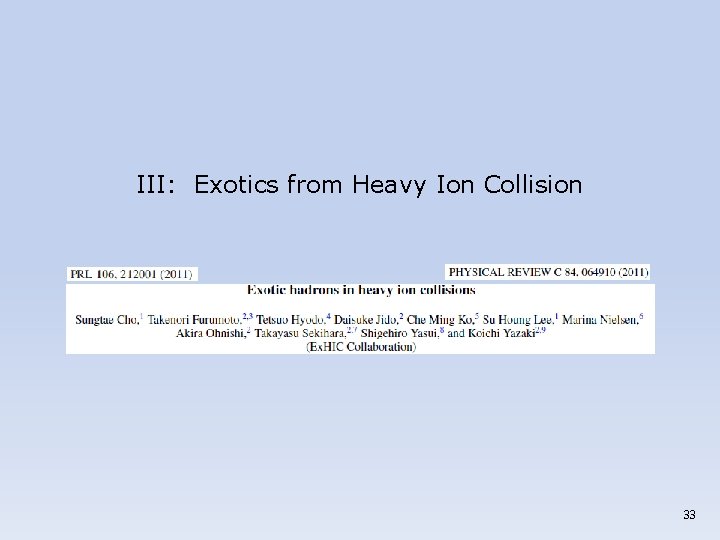 III: Exotics from Heavy Ion Collision 33 