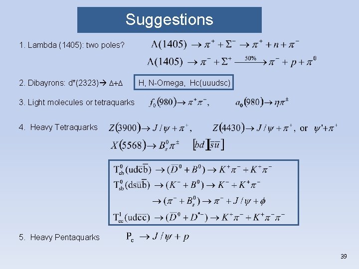 Suggestions 1. Lambda (1405): two poles? 2. Dibayrons: d*(2323) D+D H, N-Omega, Hc(uuudsc) 3.