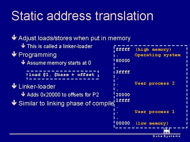 Static address translation ê Adjust loads/stores when put in memory ê This is called