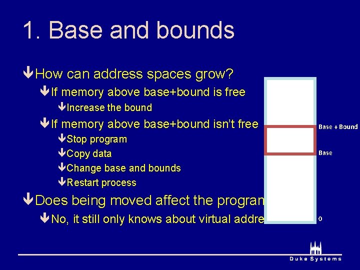 1. Base and bounds ê How can address spaces grow? êIf memory above base+bound