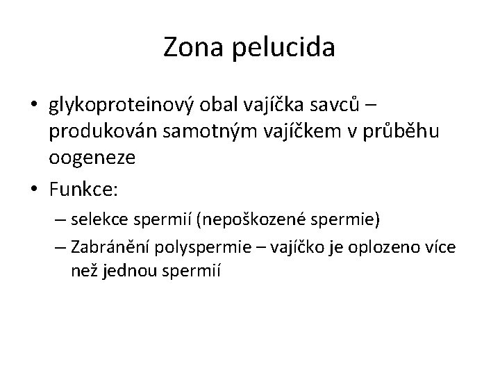 Zona pelucida • glykoproteinový obal vajíčka savců – produkován samotným vajíčkem v průběhu oogeneze