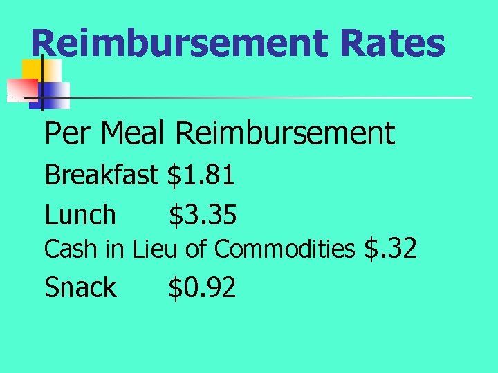 Reimbursement Rates Per Meal Reimbursement Breakfast $1. 81 Lunch $3. 35 Cash in Lieu