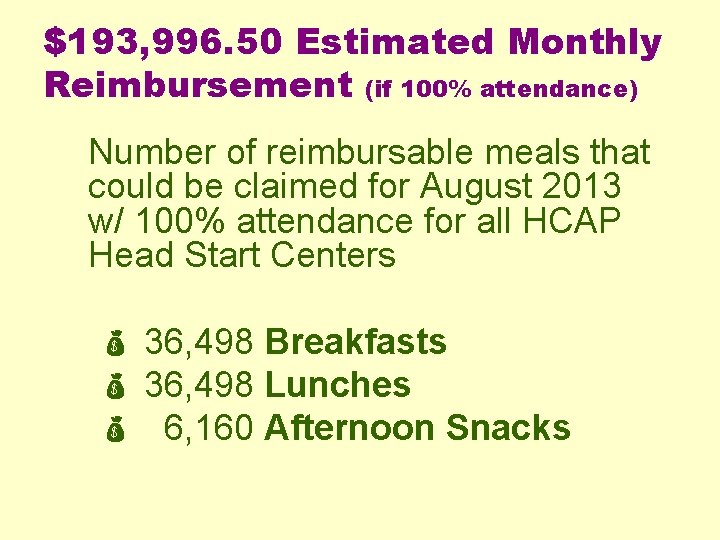 $193, 996. 50 Estimated Monthly Reimbursement (if 100% attendance) Number of reimbursable meals that
