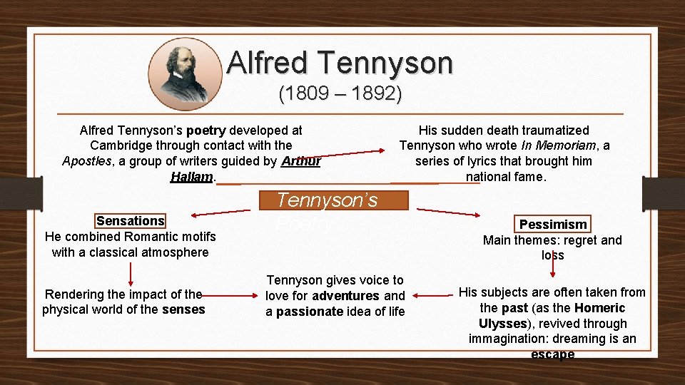 Alfred Tennyson (1809 – 1892) Alfred Tennyson’s poetry developed at Cambridge through contact with