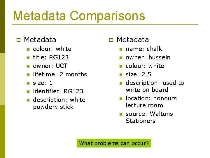 Metadata Comparisons Metadata colour: white title: RG 123 owner: UCT lifetime: 2 months size: