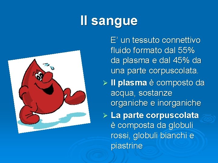 Il sangue E’ un tessuto connettivo fluido formato dal 55% da plasma e dal