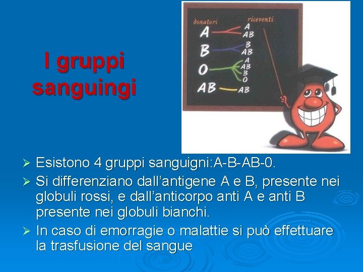 I gruppi sanguingi Esistono 4 gruppi sanguigni: A-B-AB-0. Ø Si differenziano dall’antigene A e