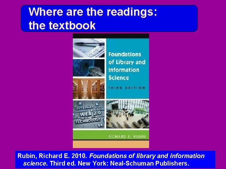 Where are the readings: the textbook Rubin, Richard E. 2010. Foundations of library and