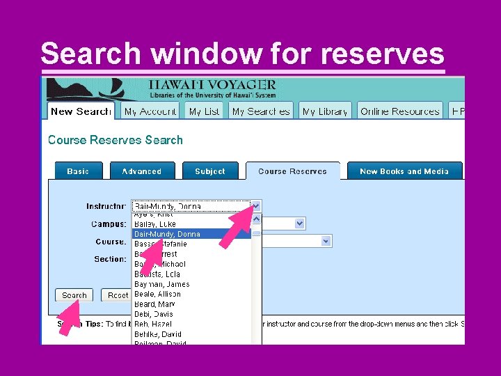 Search window for reserves 