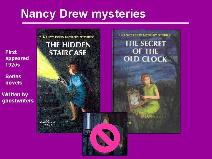 Nancy Drew mysteries First appeared 1920 s Series novels Written by ghostwriters 