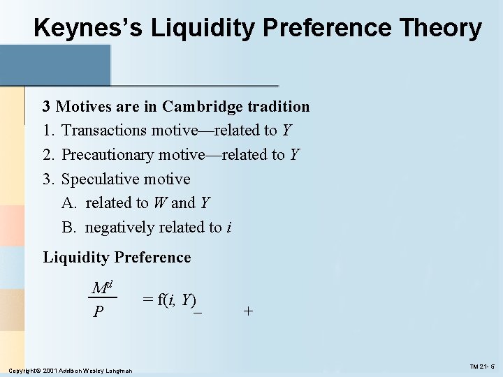 Keynes’s Liquidity Preference Theory 3 Motives are in Cambridge tradition 1. Transactions motive—related to