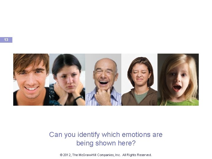 13 Can you identify which emotions are being shown here? © 2012, The Mc.