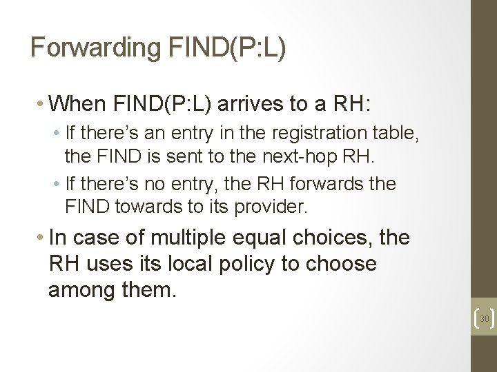 Forwarding FIND(P: L) • When FIND(P: L) arrives to a RH: • If there’s