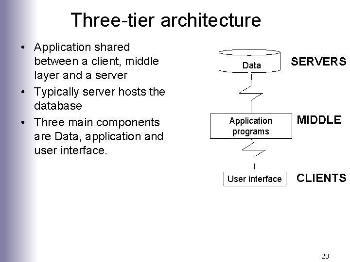 Three-tier architecture • Application shared between a client, middle layer and a server •