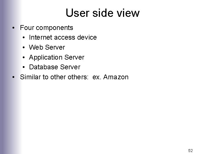 User side view • Four components • Internet access device • Web Server •