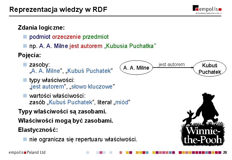 Reprezentacja wiedzy w RDF Zdania logiczne: n podmiot orzeczenie przedmiot n np. A. A.