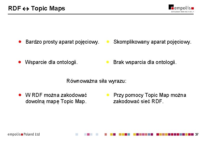 RDF Topic Maps · Bardzo prosty aparat pojęciowy. · Skomplikowany aparat pojęciowy. · Wsparcie