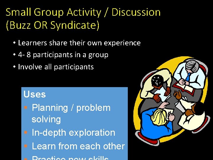Small Group Activity / Discussion (Buzz OR Syndicate) • Learners share their own experience Small Group Activity / Discussion (Buzz OR Syndicate) • Learners share their own experience
