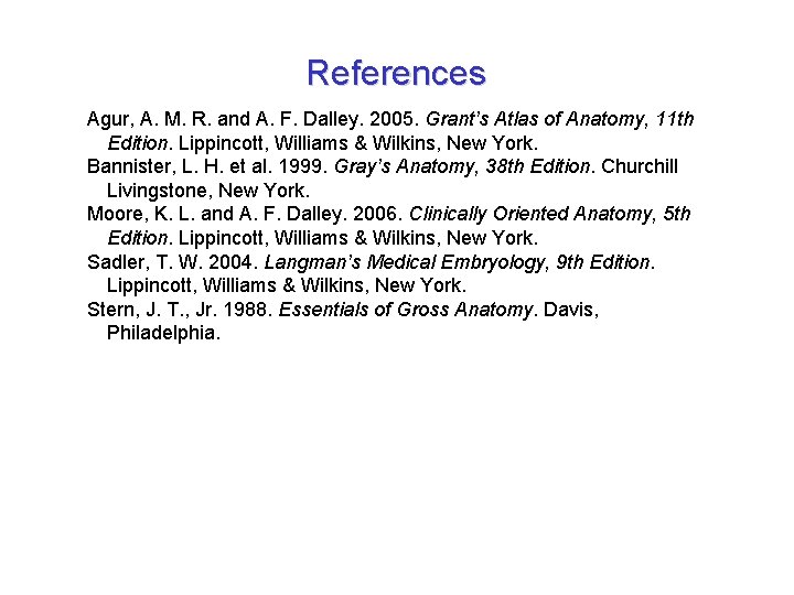 References Agur, A. M. R. and A. F. Dalley. 2005. Grant’s Atlas of Anatomy,