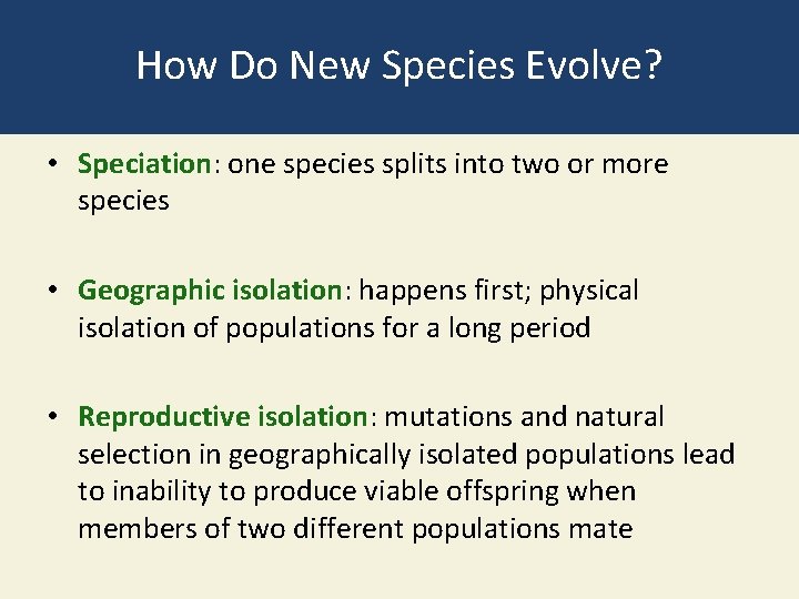 How Do New Species Evolve? • Speciation: one species splits into two or more
