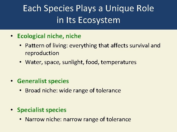 Each Species Plays a Unique Role in Its Ecosystem • Ecological niche, niche •