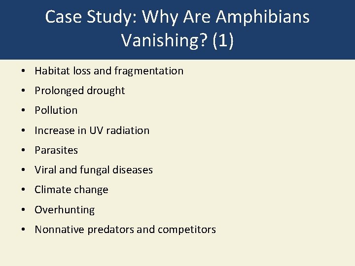 Case Study: Why Are Amphibians Vanishing? (1) • Habitat loss and fragmentation • Prolonged