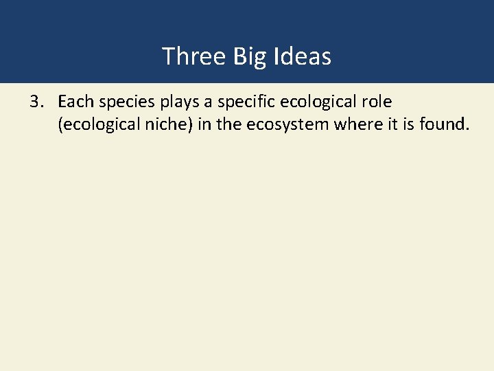 Three Big Ideas 3. Each species plays a specific ecological role (ecological niche) in