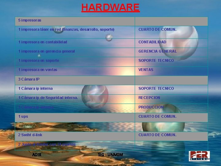 HARDWARE 5 impresoras 1 impresora láser en red (finanzas, desarrollo, soporte) CUARTO DE COMUN.