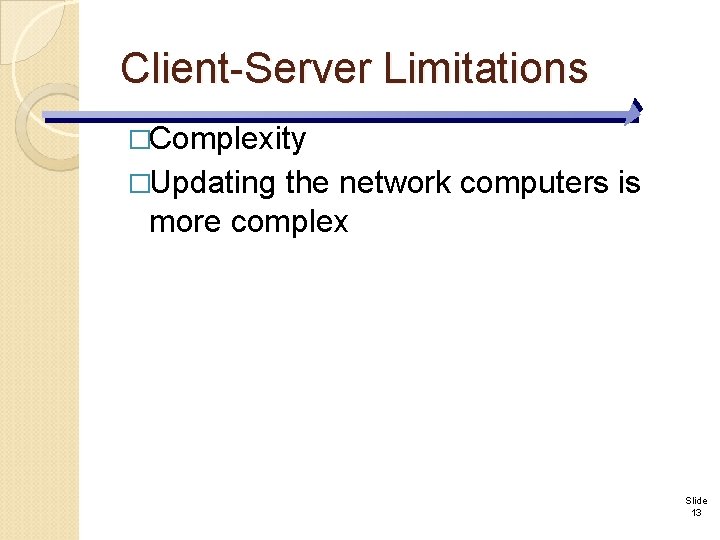 Client-Server Limitations �Complexity �Updating the network computers is more complex Slide 13 