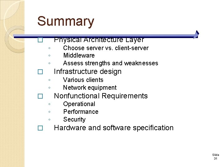 Summary � ◦ ◦ ◦ � Physical Architecture Layer Choose server vs. client-server Middleware
