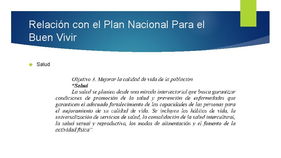 Relación con el Plan Nacional Para el Buen Vivir Salud 