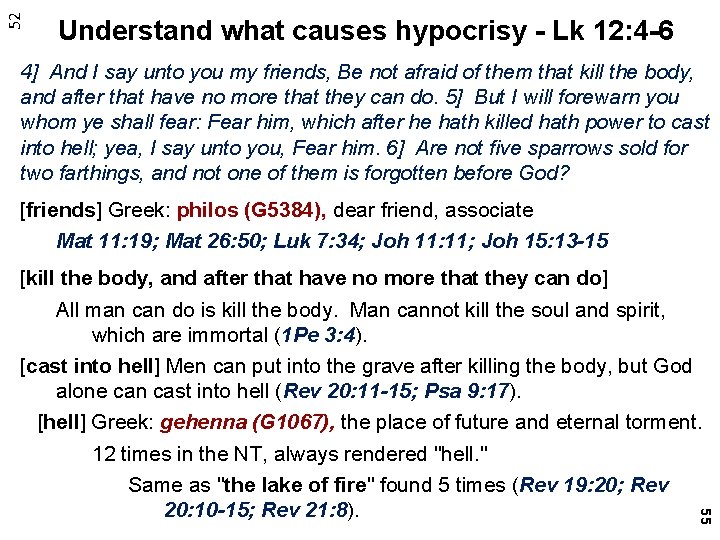 52 Understand what causes hypocrisy - Lk 12: 4 -6 4] And I say