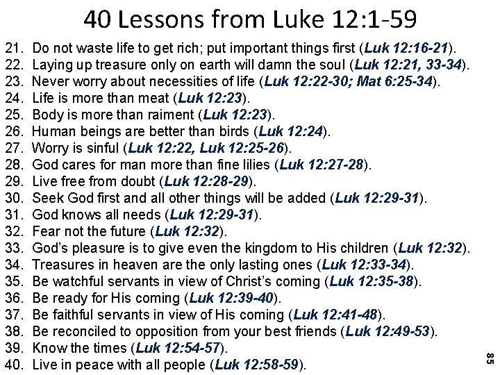 40 Lessons from Luke 12: 1 -59 85 21. Do not waste life to