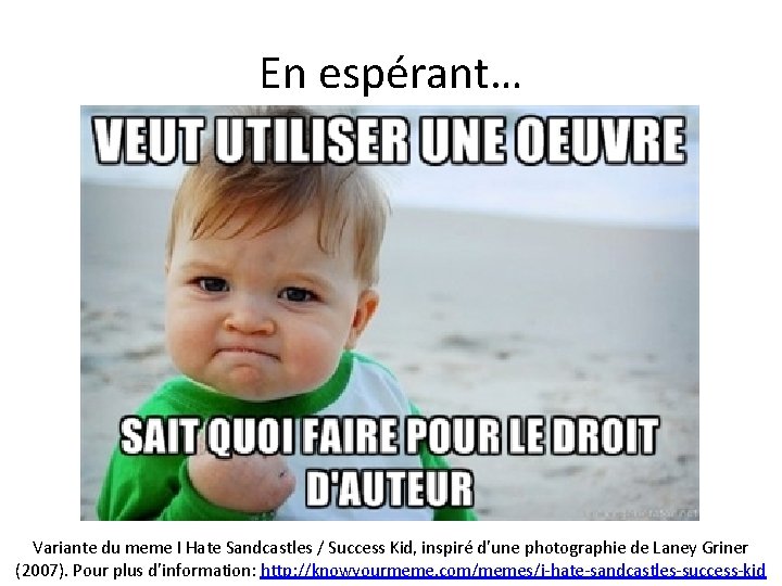 En espérant… Variante du meme I Hate Sandcastles / Success Kid, inspiré d’une photographie