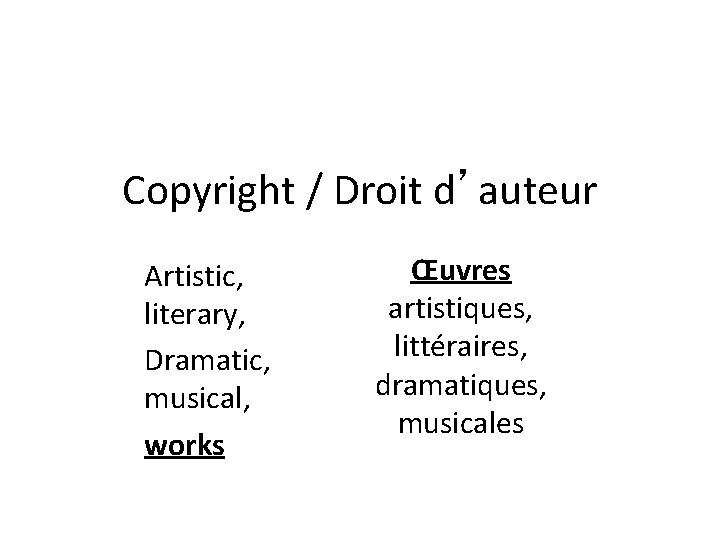Copyright / Droit d’auteur Artistic, literary, Dramatic, musical, works Œuvres artistiques, littéraires, dramatiques, musicales