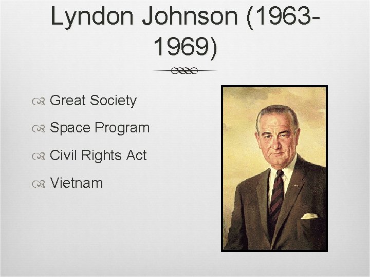 Lyndon Johnson (19631969) Great Society Space Program Civil Rights Act Vietnam Lyndon Johnson (19631969) Great Society Space Program Civil Rights Act Vietnam