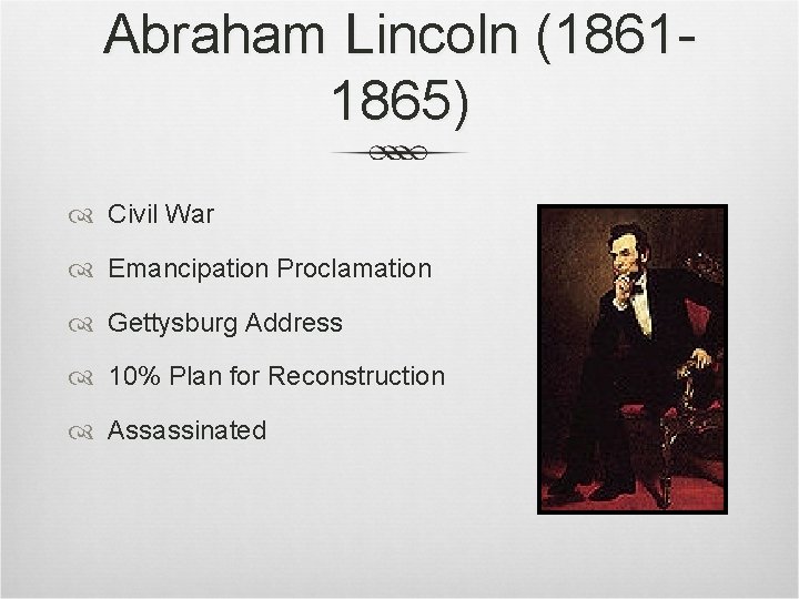 Abraham Lincoln (18611865) Civil War Emancipation Proclamation Gettysburg Address 10% Plan for Reconstruction Assassinated Abraham Lincoln (18611865) Civil War Emancipation Proclamation Gettysburg Address 10% Plan for Reconstruction Assassinated