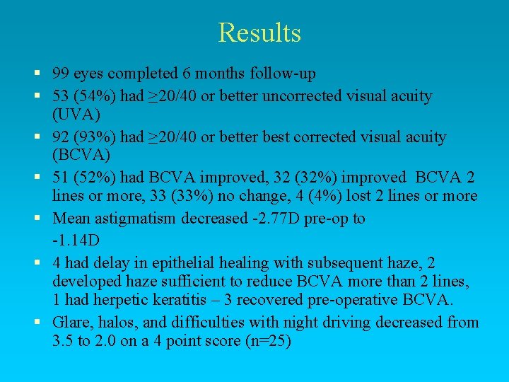 Results § 99 eyes completed 6 months follow-up § 53 (54%) had ≥ 20/40 Results § 99 eyes completed 6 months follow-up § 53 (54%) had ≥ 20/40