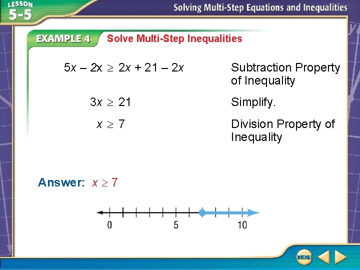 Solve Multi-Step Inequalities 5 x – 2 x + 21 – 2 x 3