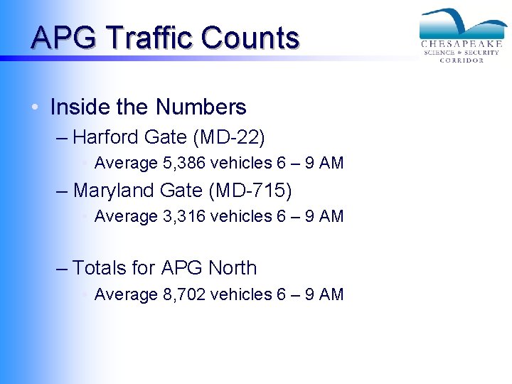 APG Traffic Counts • Inside the Numbers – Harford Gate (MD-22) • Average 5,