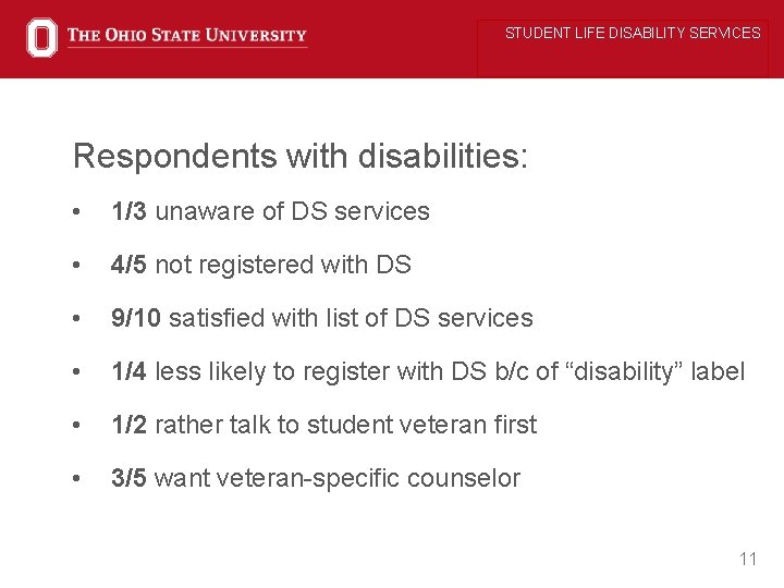 STUDENT LIFE DISABILITY SERVICES Respondents with disabilities: • 1/3 unaware of DS services •